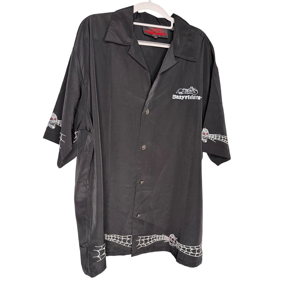 Easy Rider skull‎ embroidered button down black polo top